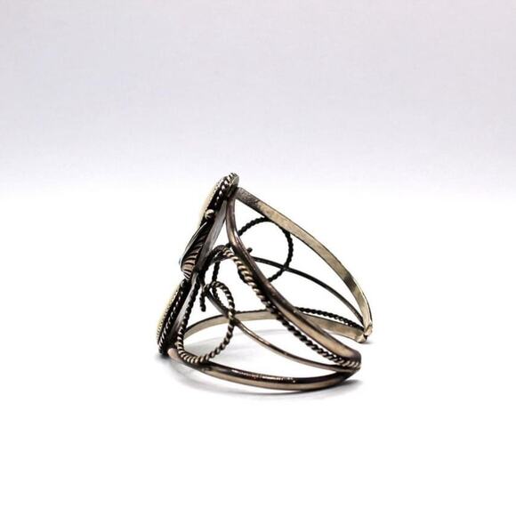 Albert Yazzie Sterling Silver Mother of Pearl with Turquoise Cabochon Cuff Brace - Picture 4 of 8